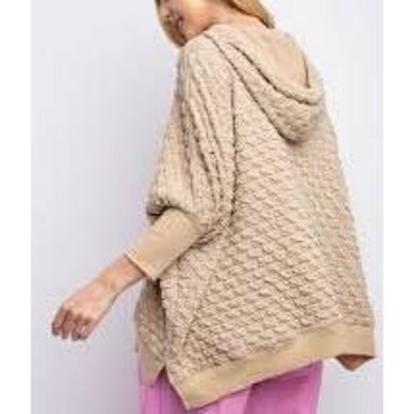 Easel Women's Puffed Textured Hacci Knit Hooded Pullover Top Khaki Large NWT - Picture 2 of 7